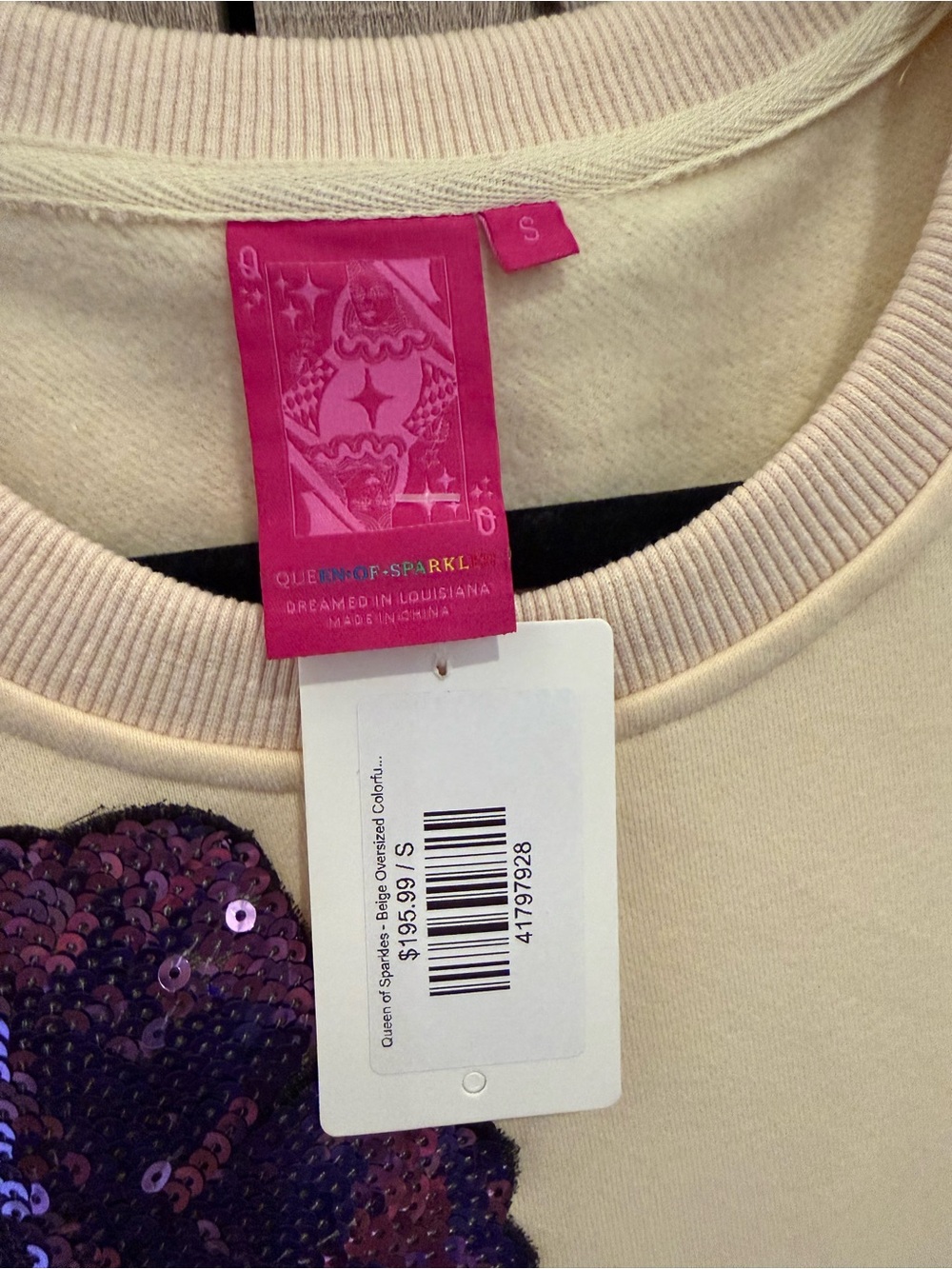 Queen Of Sparkles Women’s Sequin Floral Cream Sweatshirt NWT- Small - Picture 3 of 3